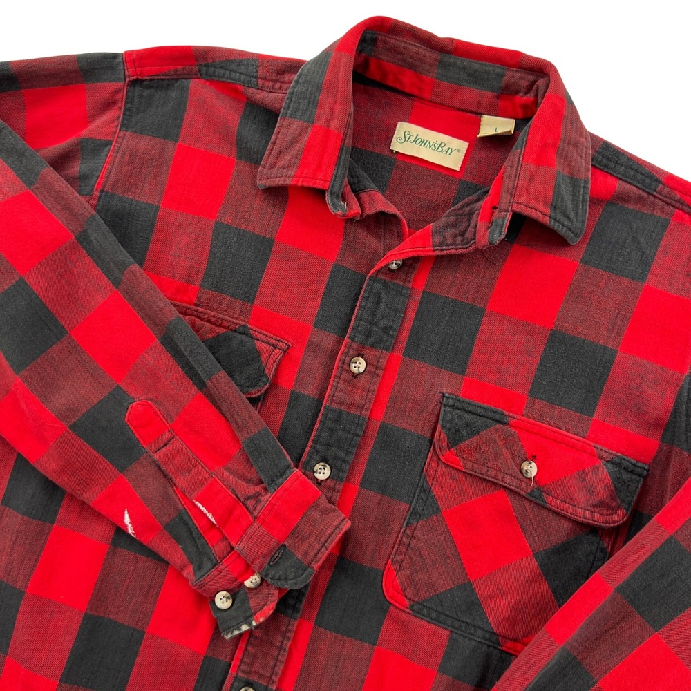 VTG 90s St Johns Bay Flannel Shirt Mens L Red Buffalo Plaid Heavy Cotton Grunge
